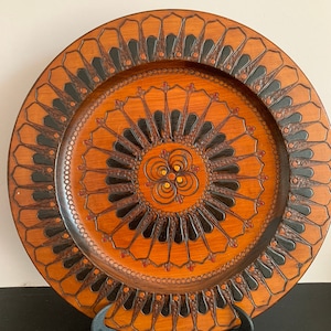 Decorative wooden plate, handmade in Poland in the 1970s, Polish folk plate