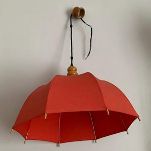Orange fabric and wood lamp, vintage orange boho 1980s umbrella bell lamp, romantic orange boho fabric lamp