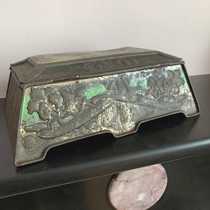 Old art nouveau sheet metal box, old art nouveau metal box, shabby box,