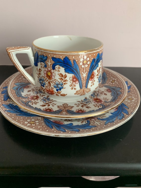 3 tasses ancienne de 1875 avec des assiette,Tasses et soucoupes à thé en pierre de fer françaises anciennes, décor de transfert multicolore