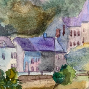Pittura ad acquerello in riva al mare, pittura ad acquerello con paesaggio con lago, paesaggio di villaggio francese, paesaggio rurale, paesaggio di campagna.
