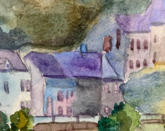 Waterfront watercolor painting, landscape watercolor painting with a lake, French village landscape, rural landscape, countryside landscape.