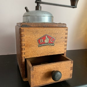Vintage B.C. wooden coffee grinder, mill with a small wooden drawer, cottage farmhouse coffee grinder