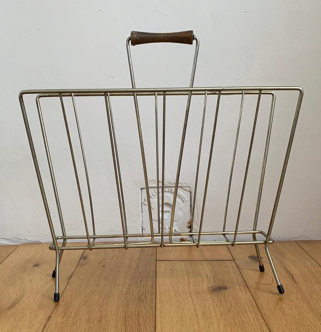 50's Metal Magazine Rack With Wooden Handle, Midcentury Magazine Rack ...