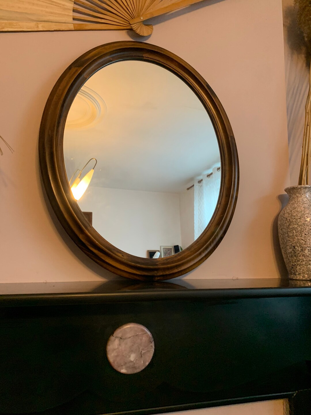 Magnificent Oval Wooden Mirror, Vintage 80s Mirror, Nature Trend, Boho