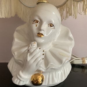 Vintage Pierrot fringed lamp, white ceramic table lamp with a white fringed lampshade