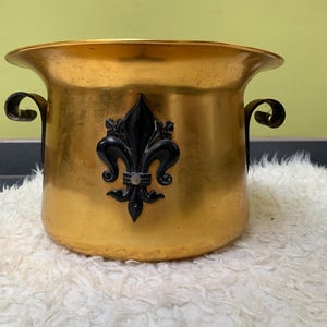 Peut inclure: Un pot en métal doré avec un emblème noir de fleur de lys à l'avant. Le pot a deux poignées incurvées et un bord évasé. Le pot est posé sur une surface blanche et moelleuse.