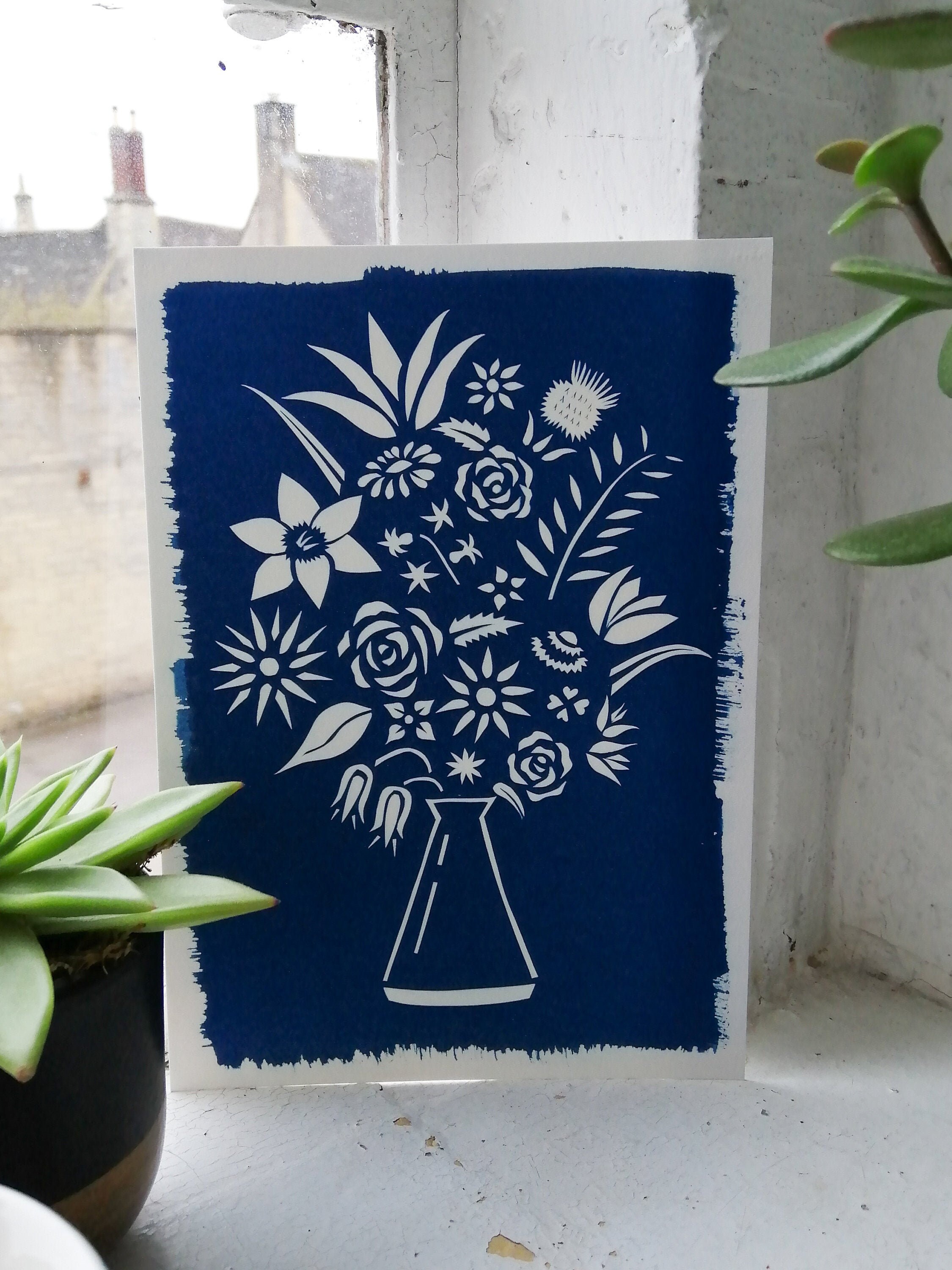 Impression Cyanotype - Art Botanique Fleurs Printanières Cyanotype Original Illustration Minimaliste