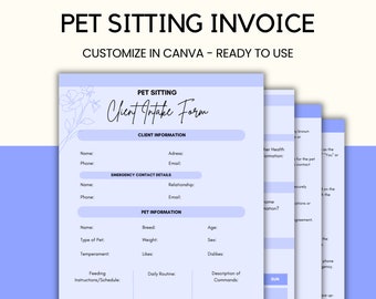 May include: A light purple pet sitting client intake form template with black text. The document includes sections for client information, emergency contact details, and pet information, featuring a floral line art illustration on the left side.