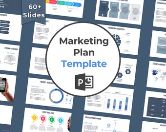 May include: A digital marketing plan presentation template featuring over 60 slides with blue and white color schemes. The central circular graphic displays the text Marketing Plan Template above a PowerPoint icon, surrounded by various charts and diagrams.