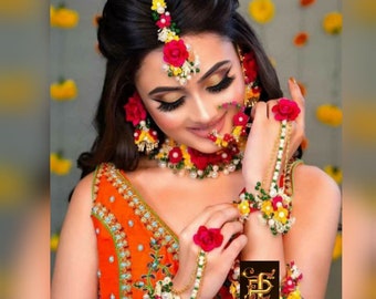 Orange Color Floral Bridal Flower haldi,Mehendi Wedding Ceremony Jewellry 