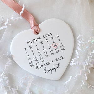 Engaged Ornament, Engagement Gift, Anniversary Gift, Gift for Couple, Newlywed gift, Keepsake, Ceramic Heart, Calendar