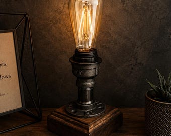 Industrial Pipe Table Lamp | Handmade Steampunk Desk Lamp | Rustic Bedside Light | Industrial Office Decor | Edison Style Lamp