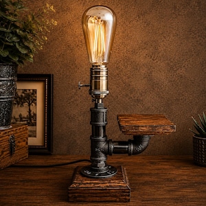 Industrial Pipe Lamp With Shelf, Steampunk Table Lamp, Rustic Desk Light, Industrial Bedside Lamp, Handmade Pipe Light, E27 Edison Lamp