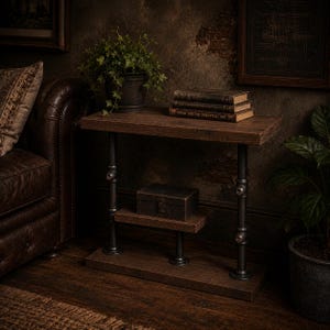 Pode incluir: Uma mesa lateral marrom escuro com uma prateleira inferior, suportada por tubos de metal preto. A mesa contém uma pequena caixa preta, uma planta em vaso e vários livros. A mesa é feita de madeira e metal.