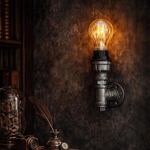 Könnte beinhalten: Eine Wandleuchte im Vintage-Stil mit einer leuchtenden Edison-Glühbirne. Die Leuchte besteht aus Metallrohren und -armaturen im Industriestil, die an einer strukturierten, dunkel gefärbten Wand befestigt sind. Das warme Licht kontrastiert mit dem kühlen Metall.
