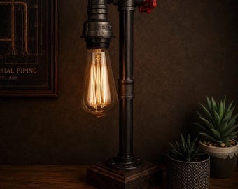 Lampa stołowa z rur w stylu industrialnym | Lampa biurkowa w stylu steampunk | Rustykalna lampa Edisona | Ręcznie robiona lampka nocna w stylu vintage