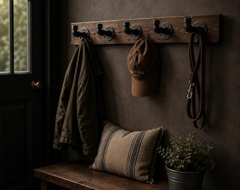 Industrial Pipe Coat Rack – Handmade Rustic Farmhouse Wall Hooks | Steampunk Entryway Coat Rail | Wooden Hallway Storage Shelf Decor