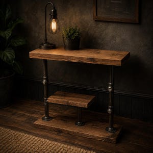 May include: A rustic, industrial-style side table with a dark wood top and a lower shelf. The table is supported by black metal pipes and fittings. A small potted plant and a vintage-style lamp with a wire cage shade sit on the table.