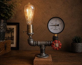 Industrial Pipe Lamp With Pressure Gauge, Steampunk Table Lamp, Rustic Industrial Desk Light, Vintage Edison Lamp, Bedroom Office Decor