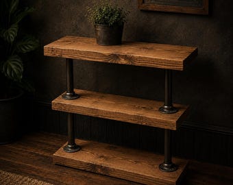 Industrial Pipe End Table | Rustic Sofa Side Table | Handmade Steampunk Shelving Unit | Narrow Living Room Table