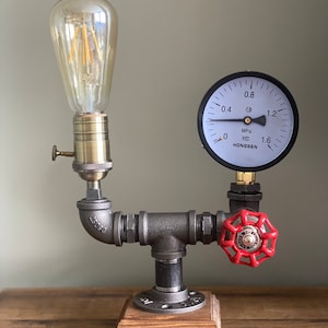 Steam punk decor Tall lamp steampunk lighting table light with switch and pressure gauge vintage rustic office Bedroom