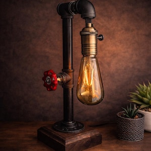 Lámpara de tubo industrial Steampunk vintage: lámpara de mesa con bombilla Edison retro, lámpara de escritorio rústica para decoración del hogar y la oficina.