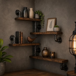 May include: A multi-level corner wall shelving unit featuring dark stained wooden planks supported by black industrial metal pipe brackets. The shelves hold various decorative items including vases, a framed fern print, books, and a small bird figurine.