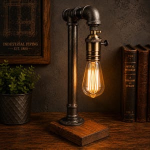 Industrial Pipe Table Lamp – Steampunk Edison Bulb Desk Light – Rustic Handmade Bedside Lamp – Vintage Loft Lighting – E27