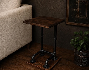 Industrial Pipe Side Table | Handmade Rustic Sofa End Table | Narrow C Table | Steampunk Living Room Furniture | Wooden Laptop Table