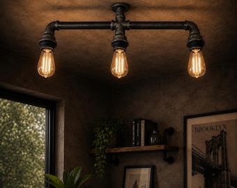 3 Light Industrial Pipe Ceiling Light | Steampunk Bar Lighting | Rustic E27 Ceiling Lamp | Handmade Vintage Loft Fixture | Kitchen Light