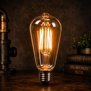 Op de afbeelding: Een vintage Edison-gloeilamp met helder, druppelvormig glas. De lamp heeft een warme, amberkleurige gloed van de interne filamenten. De basis is zilverkleurig. De achtergrond omvat een donkerbruin oppervlak en een boek met de tekst "Steampunked Decor."