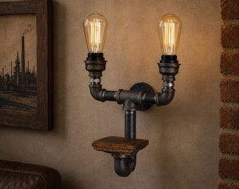 Industrial Wall Sconce With Shelf – Steampunk Pipe Wall Light, Rustic Industrial Lighting, Handmade Edison Bulb Lamp, Farmhouse Wall Decor