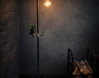 Industrial Floor Lamp with Shelf – Steampunk Pipe Standing Lamp, Rustic Statement Lighting