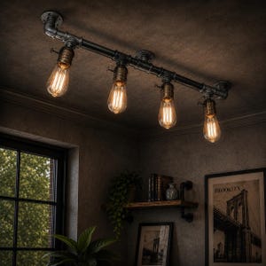May include: Industrial-style ceiling light fixture with four Edison-style bulbs. The fixture is made of black metal pipes and fittings, with brass-colored bulb sockets. The bulbs are lit, casting a warm glow. The fixture is mounted on a dark ceiling.