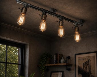 4-punktowa lampa sufitowa w stylu industrialnym | Oświetlenie barowe w stylu steampunk | Rustykalna oprawa sufitowa E27 | Lampa w stylu vintage loft | Oświetlenie ręcznie robione