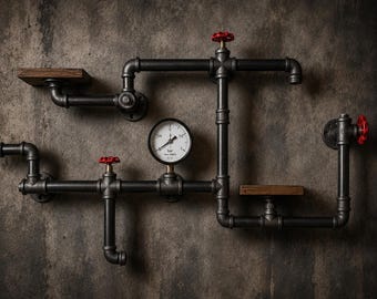 Industrial Pipe Wall Shelf Steampunk Wall Art Rustic Industrial Shelving Man Cave Decor Office Shelf Handmade Pipe Display