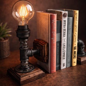 May include: A unique desk lamp with a vintage industrial design. The lamp features a clear glass light bulb, a black pipe base, and a wooden base. Books are arranged next to the lamp, creating a cozy reading nook.