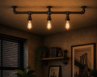 Industrialna lampa sufitowa z rur | 3-punktowy żyrandol steampunk | Rustykalna lampa barowa Edison | Ręcznie robione oświetlenie loft | Industrialna oprawa sufitowa
