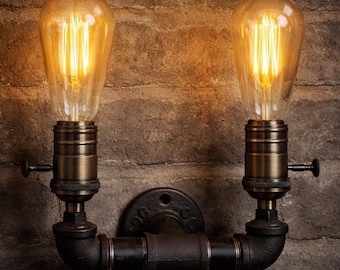 Double Steampunk Wall Sconce with Switches – Industrial Pipe Light Fixture – Edison Bulb Wall Lamp – Rustic Loft Lighting – Handmade Vintage