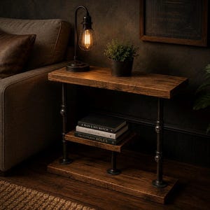May include: A two-tiered wooden side table with dark metal pipe legs. The top shelf holds a small potted plant and a black lamp with a caged bulb. The lower shelf displays a stack of books. The table is made of stained wood.