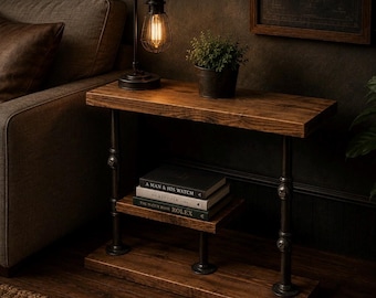 Handmade Industrial Sofa Side Table – Rustic Steampunk End Table, Pipe Console Table, Narrow Hallway & Living Room Furniture