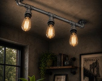 Industrial Pipe Ceiling Light | 3 Light Steampunk Bar Lamp | Rustic E27 Ceiling Fixture | Vintage Loft Lighting | Handmade Lighting