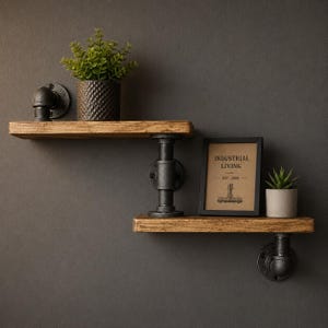 Industrial Pipe Shelves | Steampunk Wall Shelving | Rustic Wooden Shelf Unit | Industrial Farmhouse Decor | Handmade Pipe Shelves