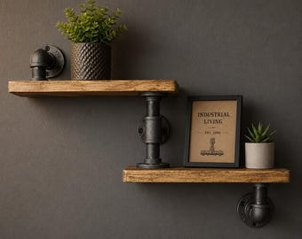 Industrial Pipe Shelves | Steampunk Wall Shelving | Rustic Wooden Shelf Unit | Industrial Farmhouse Decor | Handmade Pipe Shelves