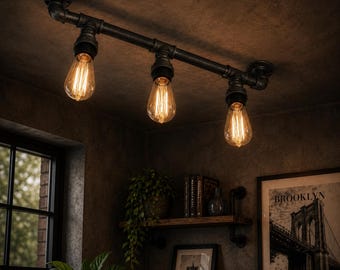 Lampa sufitowa z rur przemysłowych | Lampa barowa steampunk z trzema źródłami światła | Rustykalne oświetlenie vintage | Ręcznie robiona lampa sufitowa E27 | Kuchnia w stylu loft | Bar domowy
