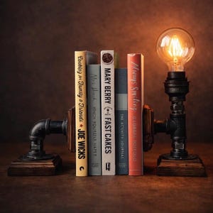 Industrial Pipe Lamp Bookend | Steampunk Bookend Lamp | Edison Bulb Desk Light | Rustic Pipe Lamp | Industrial Shelf Decor