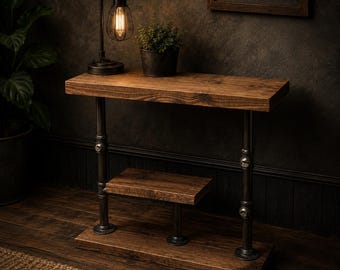 Industrial Sofa Side Table | Rustic Steampunk End Table | Slim Pipe Console Table | Handmade Wooden Shelving Unit