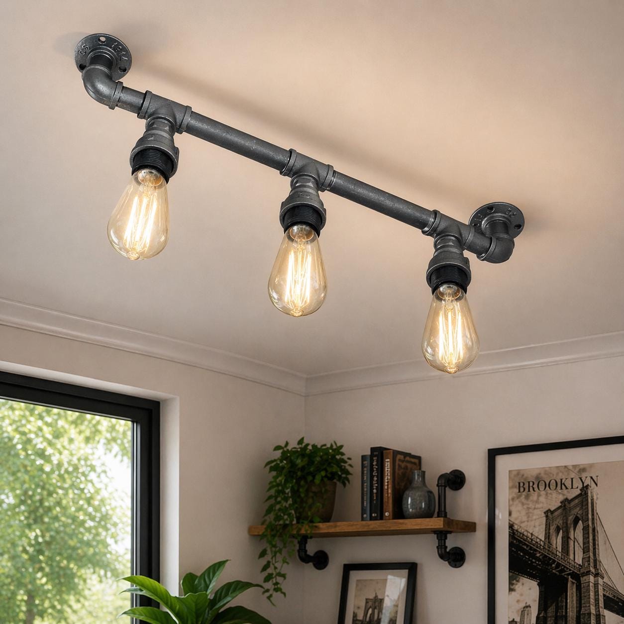Retro Industrial 4-Light Semi-Flush Ceiling Lamp – Steampunk Water Pipe Style, Black Bronze Iron Fixture For Kitchen, Farmhouse, Cafe, Pub & Restaurant