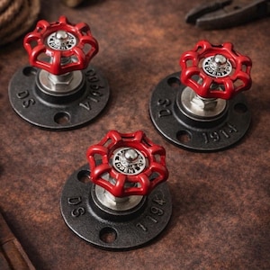 Industrial Steampunk Coat Hooks – Red Valve Pipe Hooks (Set of 3)